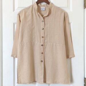 Click by Color Me Cotton 90's Vintage Linen Quarter Sleeve Button Down Shirt Tan